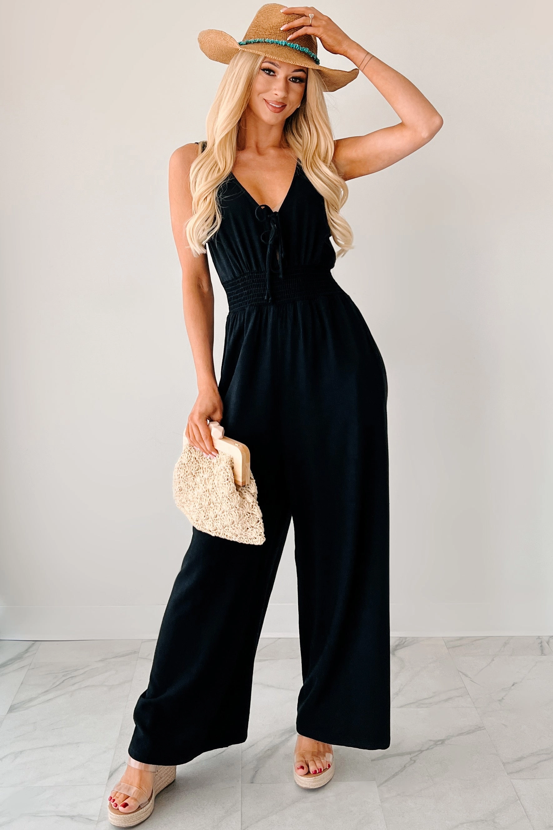 Training Street Nature's Glow Linen Smocked Waist Jumpsuit (Black)
