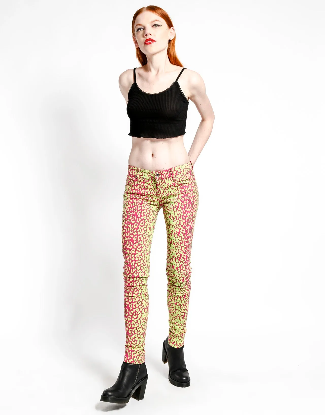 BreathableFabric Layered Look NEON LEOPARD PRINT SKINNY - LIME