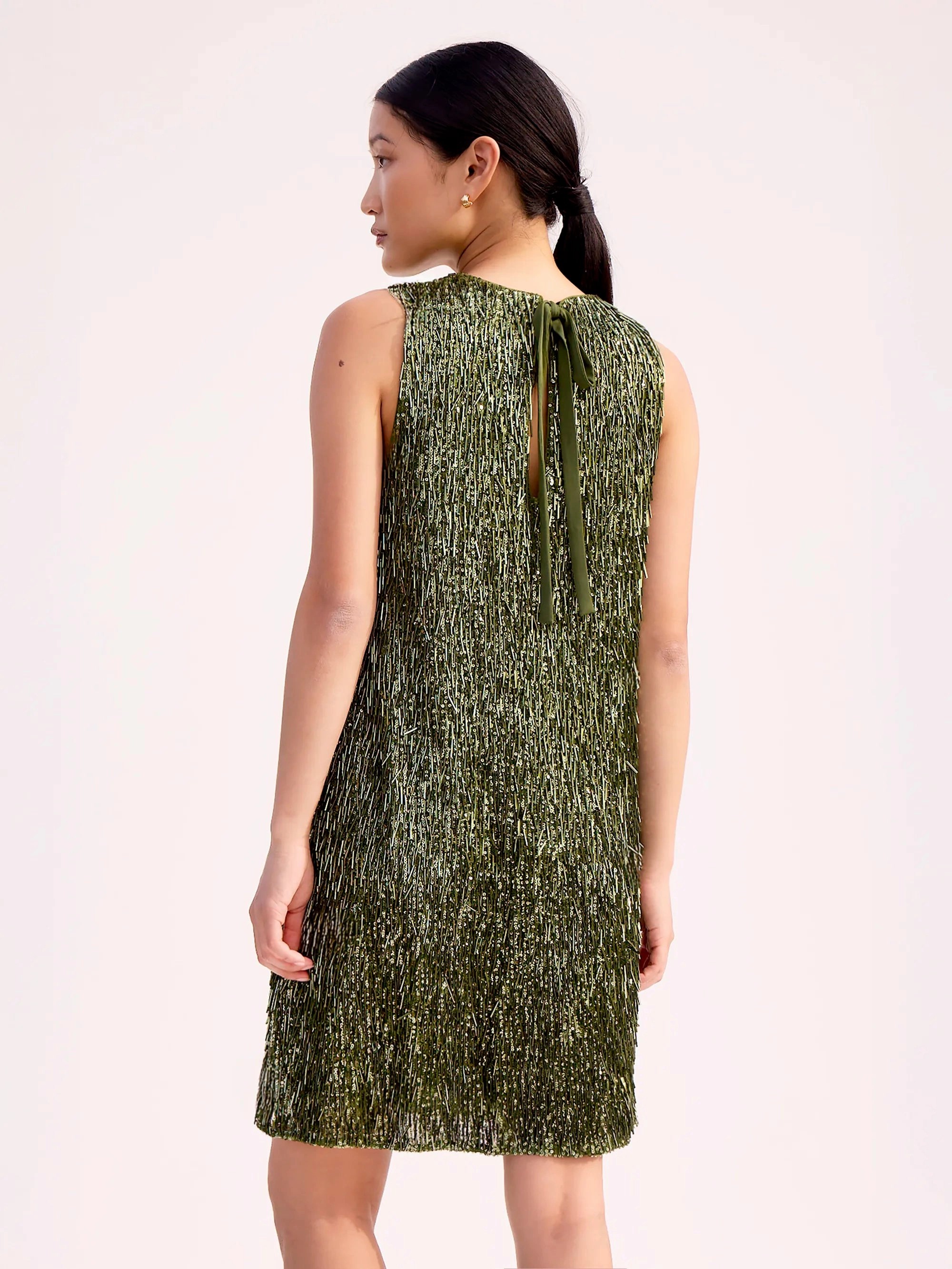 Tailored Placket Nina Olive-Green Sequinned Bead-Embellished Shift Dress