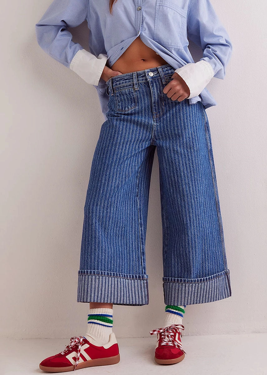 Soft Stretch Flexible Cut Brette Cropped Wide Leg Jeans - Bittersweet Blue