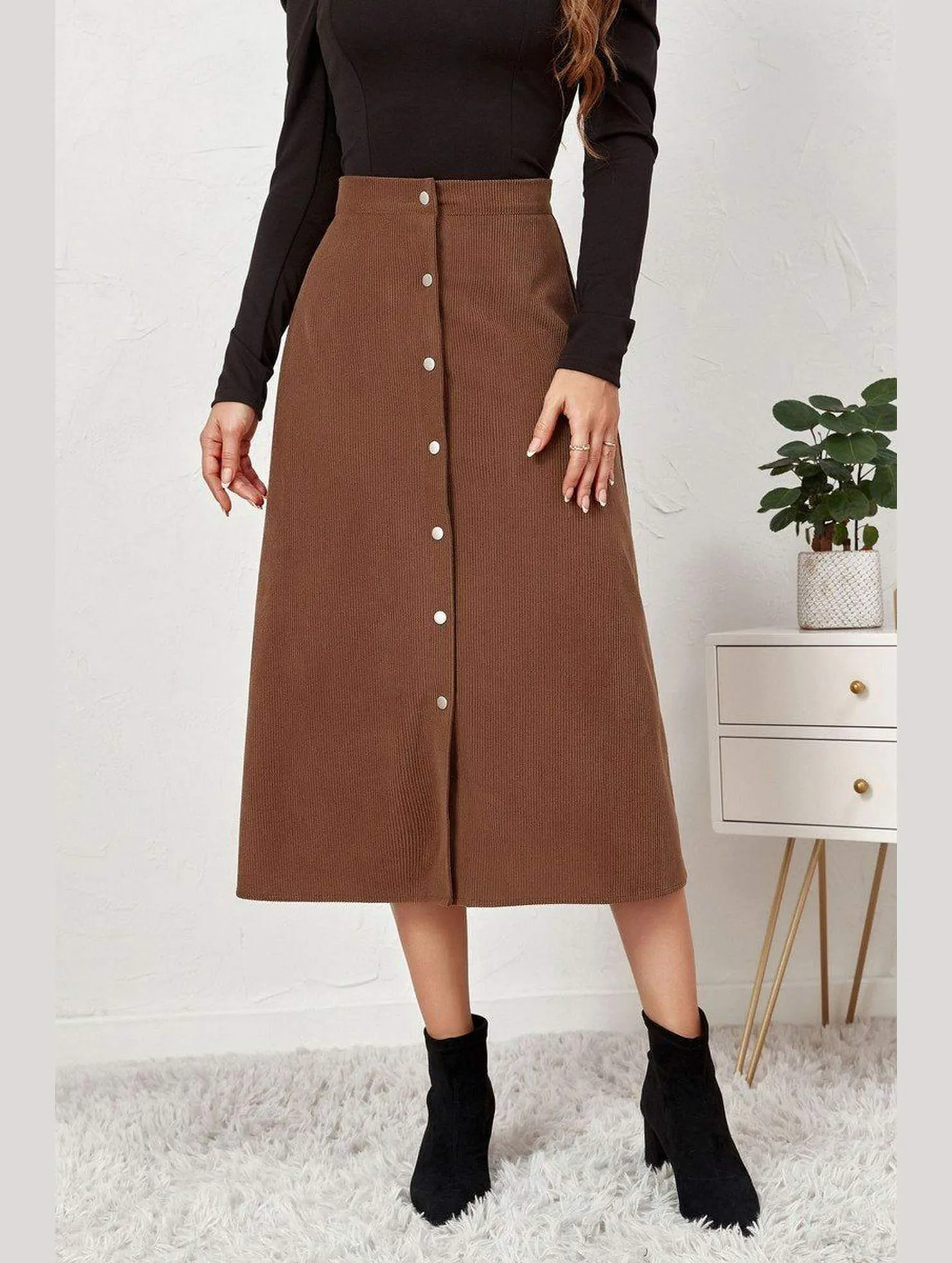 WOMEN FRONT BUTTON UP CORDUROY A LINE MIDI SKIRT Athletic Flex Wear