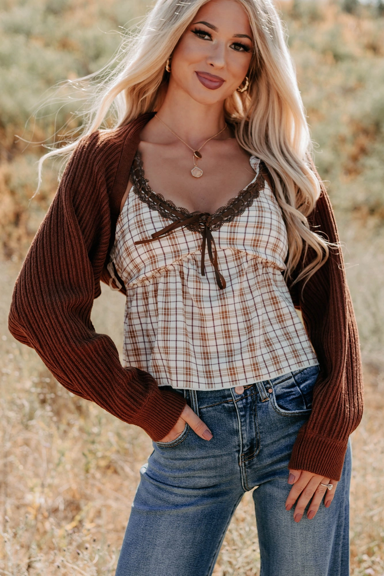 Compact packaging Toasted Coconut Season Bolero Shrug Cardigan (Chestnut)