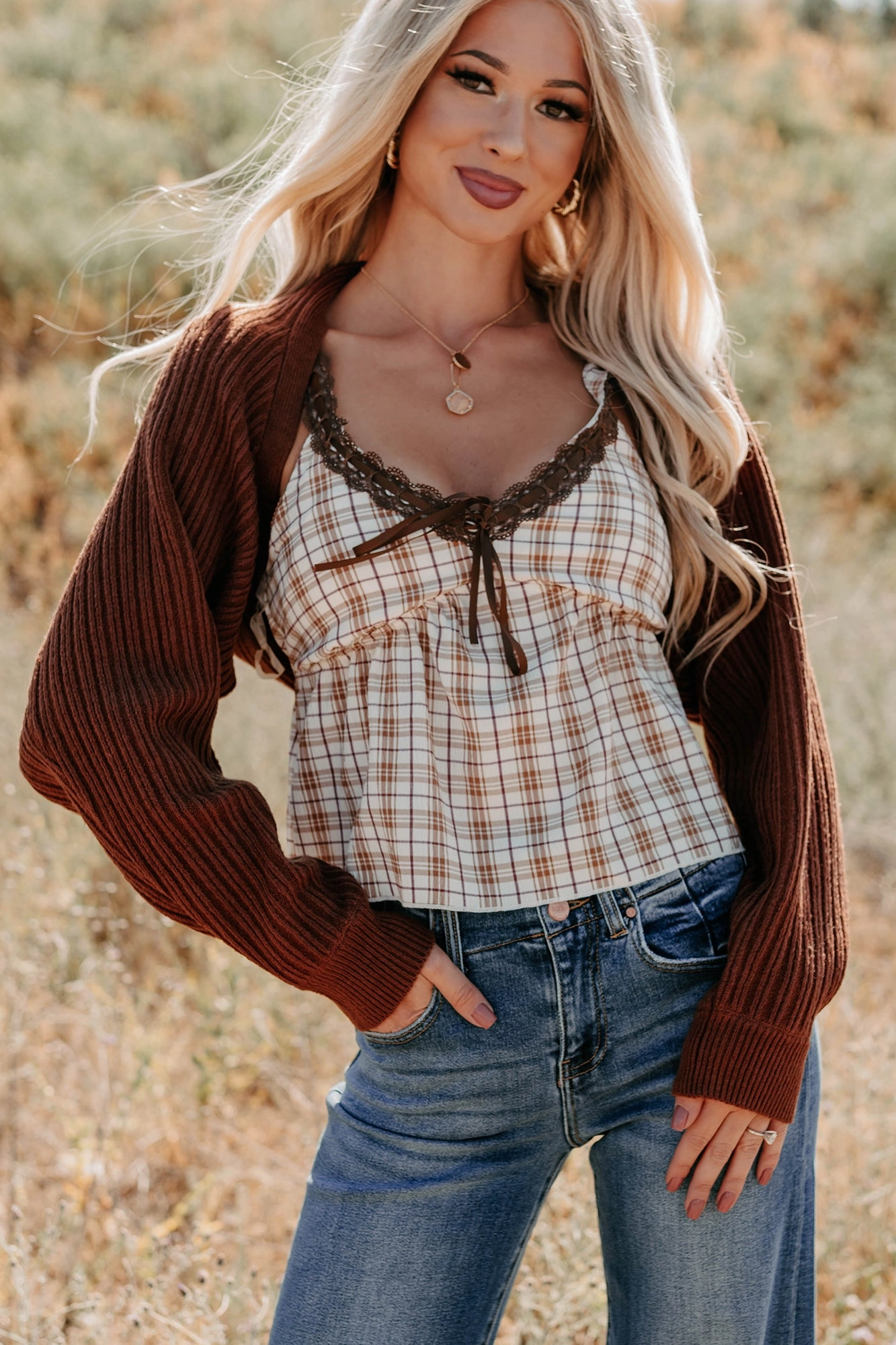 AntiPillingFinish Compression Fit Design Toasted Coconut Season Bolero Shrug Cardigan (Chestnut)