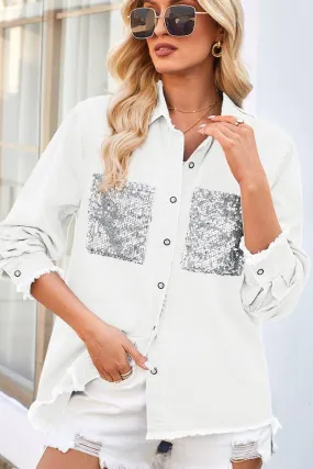 Ethically Sourced Yarn MinimalistDesign 2024 LOOSE RAW EDGE SEQUIN POCKET DENIM SHIRT TOP_CWTSTL1065