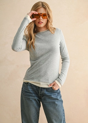 GarmentWashed Softness Ellison Color Contrast Long Sleeve Top - Grey