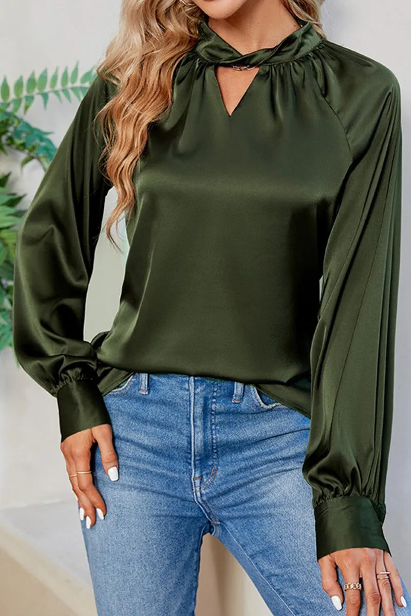 Sleek Layer Travel Light LOOSE FIT KEYHOLE NECK BUTTON CUFF GLOSSY BLOUSE