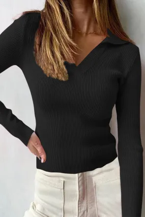 WOMEN CORDUROY POLO NECK LONG SLEEVE TIGHT TEE Vintage Look