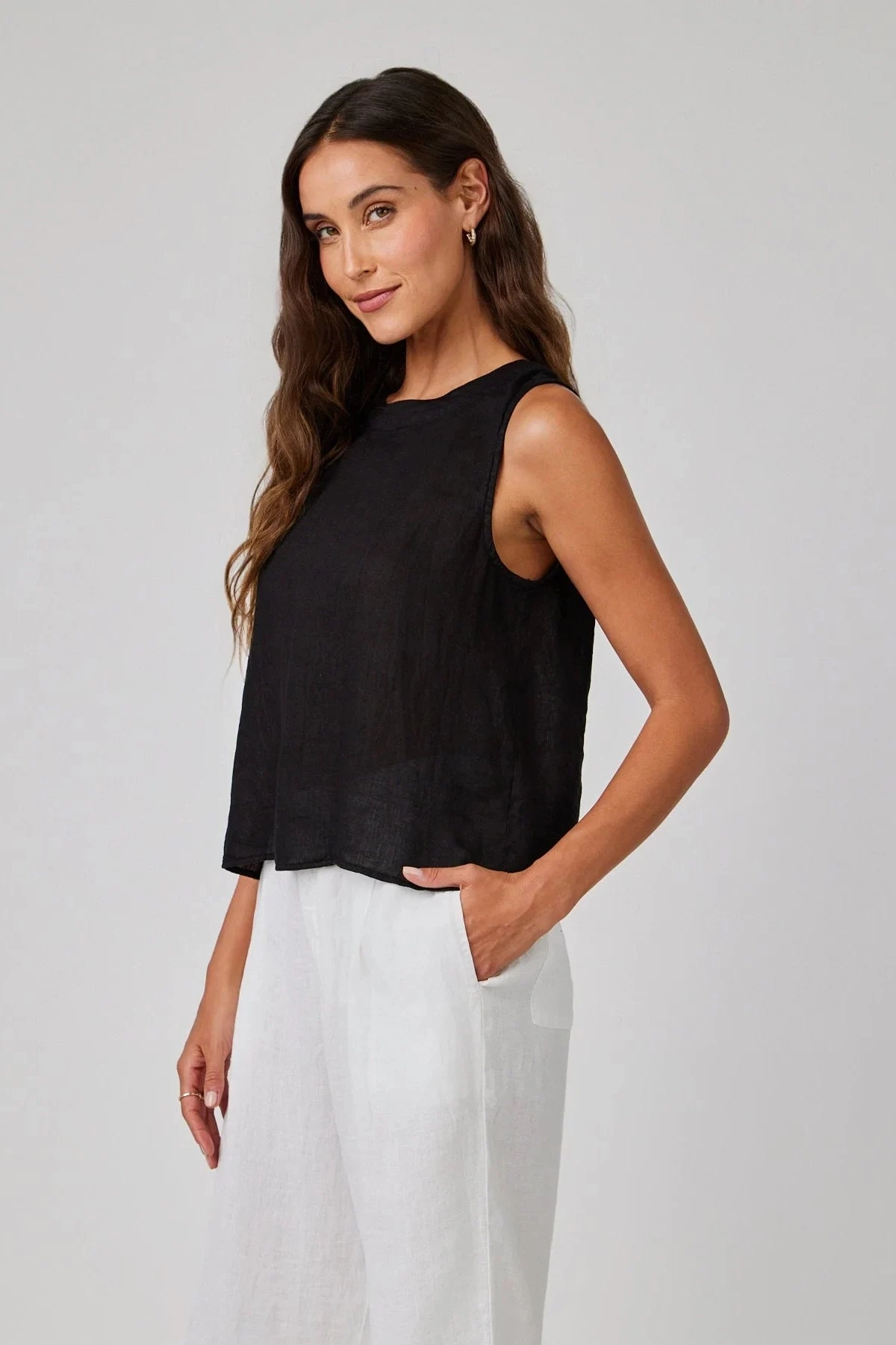 Linen Sleeveless Button Back Top Tension Balanced Design Soft Touch Fabric
