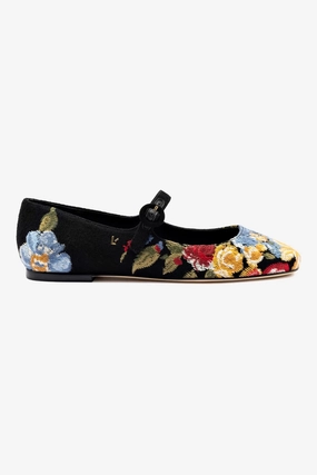 Village Glow Tea Time Larroud x Markarian Flat In Black Wool and Floral Embroidery