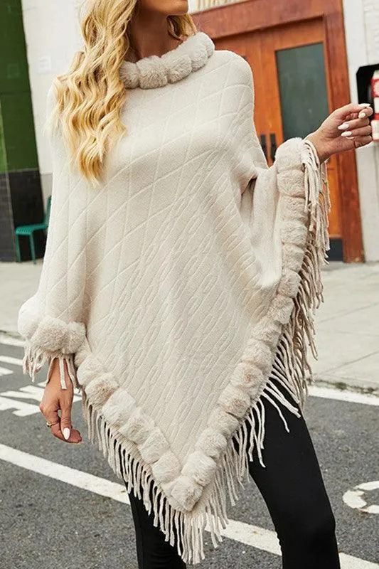 FURRY COLLAR SOLID COLOR KNITTED CLOAK SHAWL Lightweight Layering Option