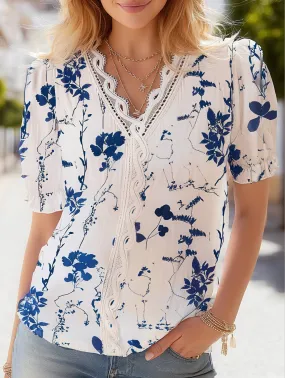 DoubleStitchedHem V-Neck Lace Patchwork Print Shirt ??Stylish & Versatile Women??s Top