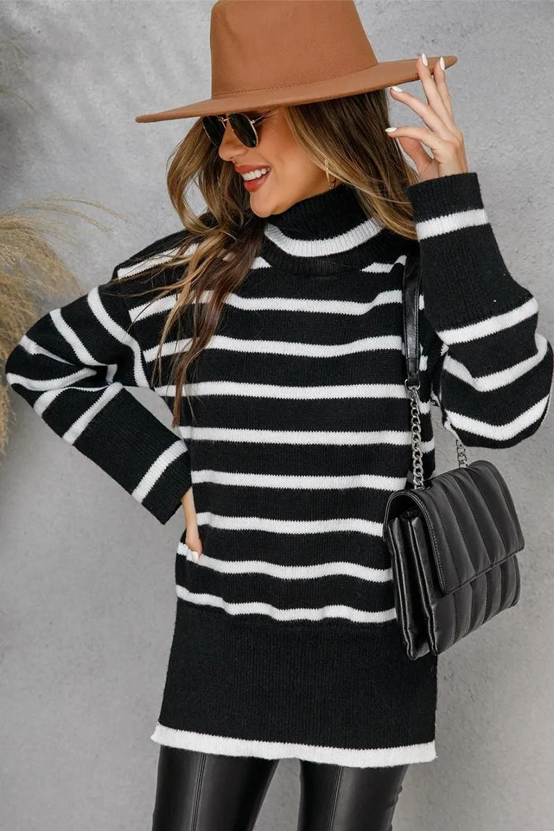 Buttery Soft Handfeel WOMENS TURTLENECK LONGSLEEVE STRIPE TOP