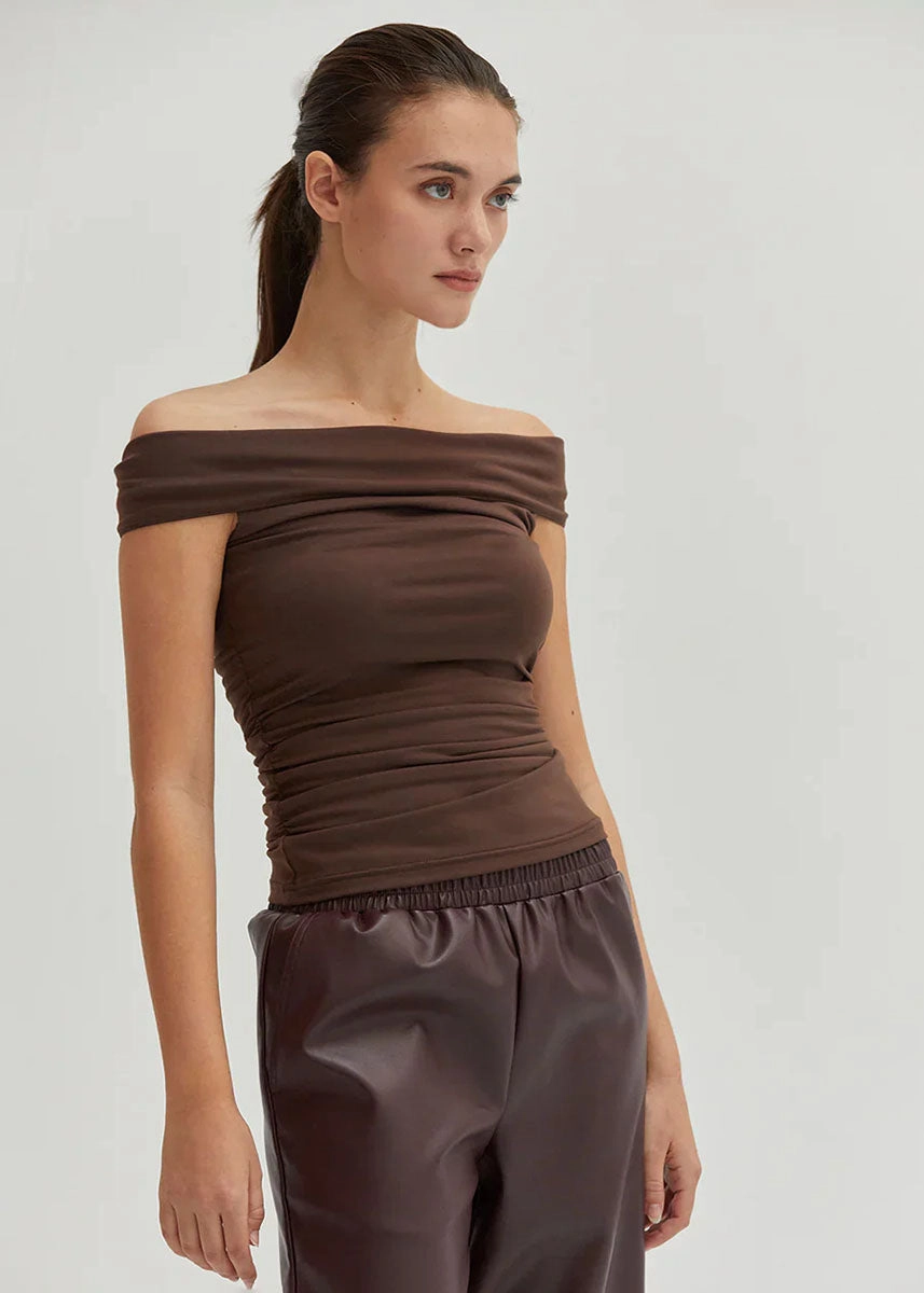 Multipurpose Design Nora Ruched Off-Shoulder Knit Top - Espresso
