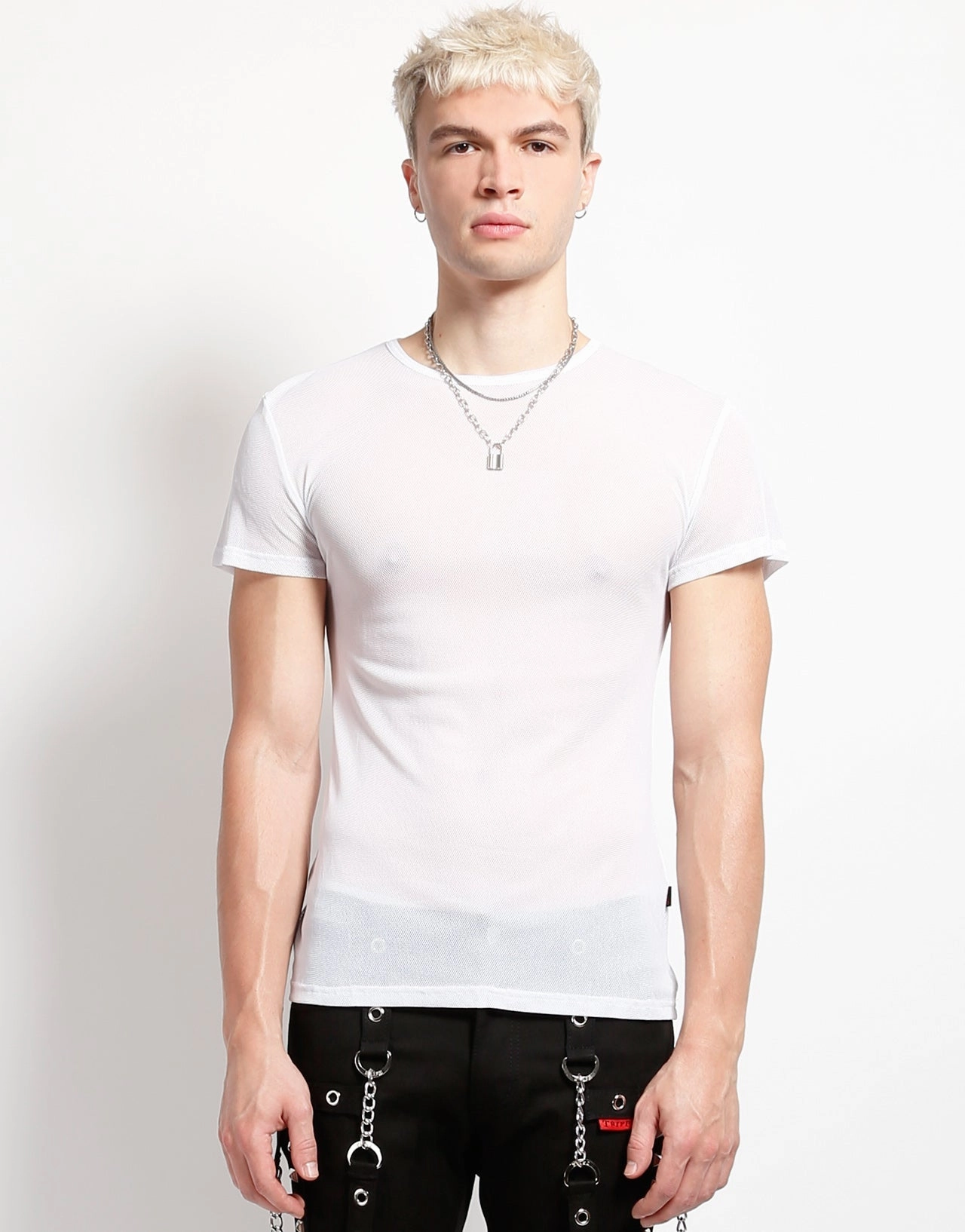 Non Irritating Label Layered Collar Design SHORT SLEEVE FISHNET WHITE