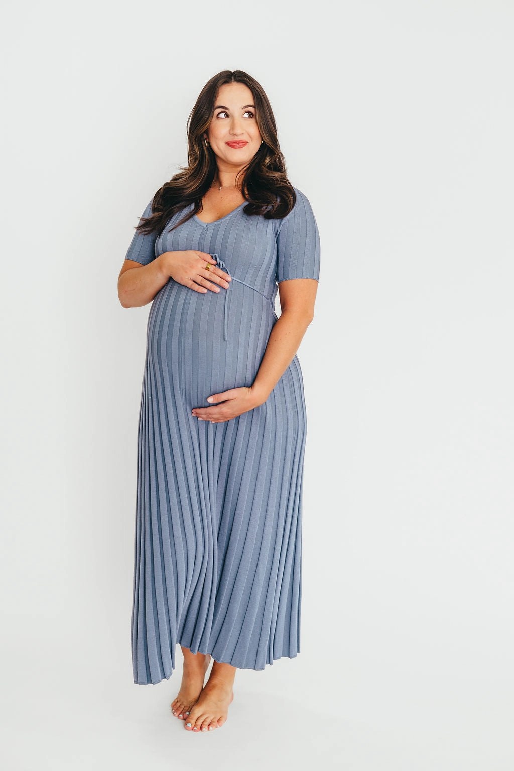 Texture Style Elegant Motion Oakley Ribbed Maxi Dress in Dusty Blue - Bump Friendly *Final-Sale*
