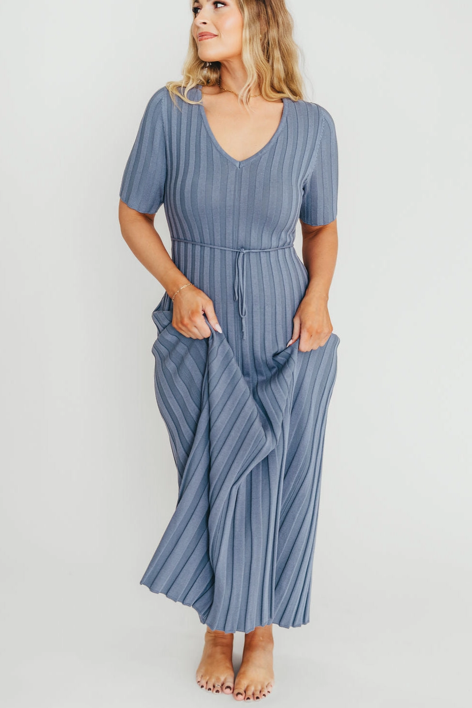 Oakley Ribbed Maxi Dress in Dusty Blue - Bump Friendly *Final-Sale* Smooth Design Relaxed and Effortless