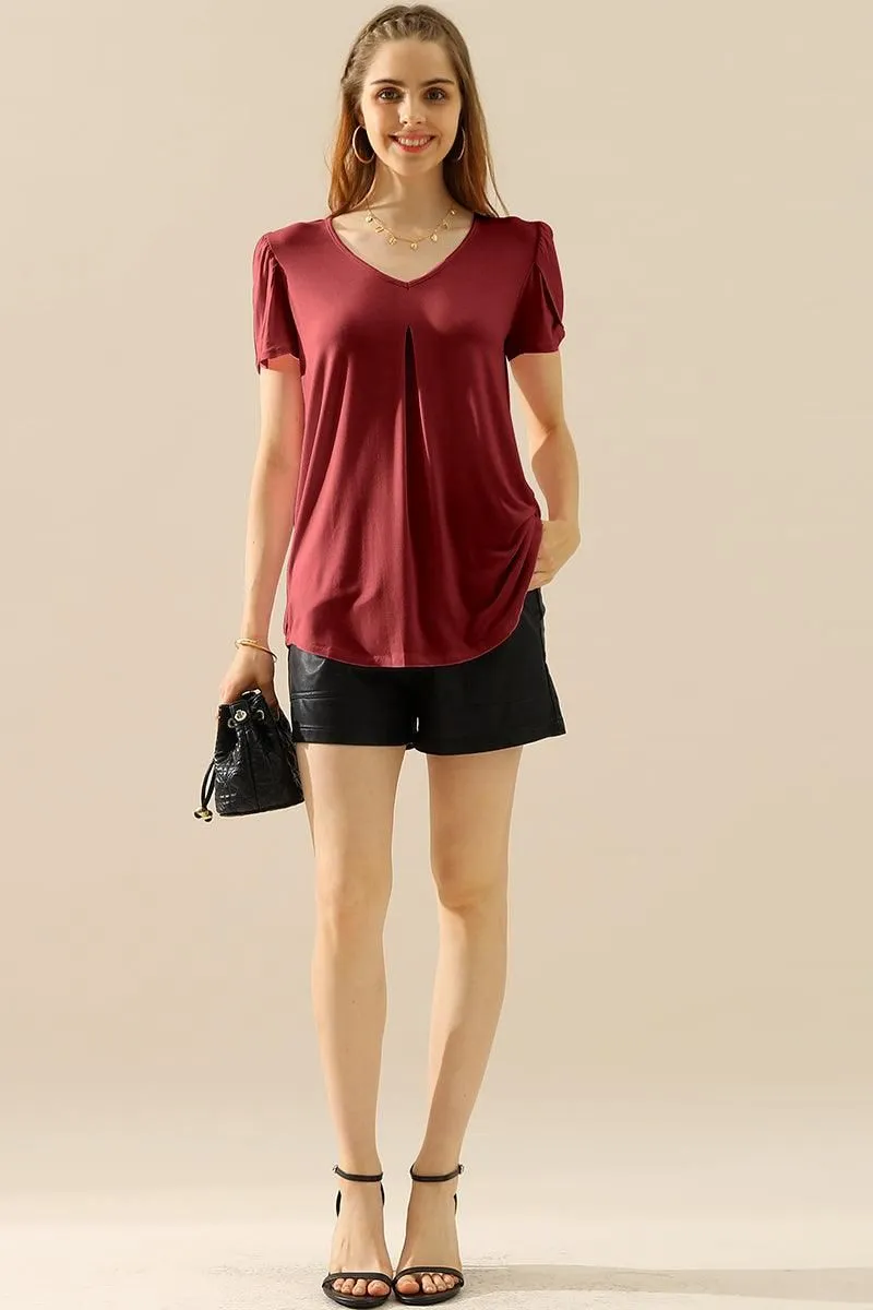Fashionable Shirt SOLID V NECK SHORT TULIP SLEEVE TUNIC TOPS