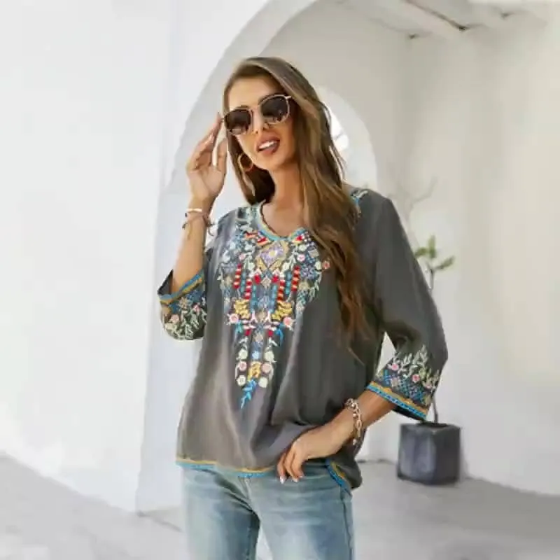 Embroidered Layered Hem Design COTTON EMBROIDERED SHIRT_CWTBLL0816