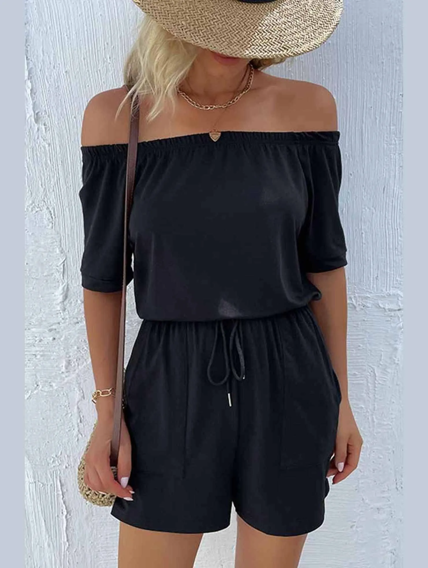 Trendy Tops OFF SHOUDER SIMPLE WAIST STRAP ROMPER