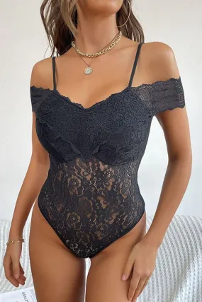 Layered Neckline Details OFF SHOULDER STRAP FULL LACE BODYSUIT