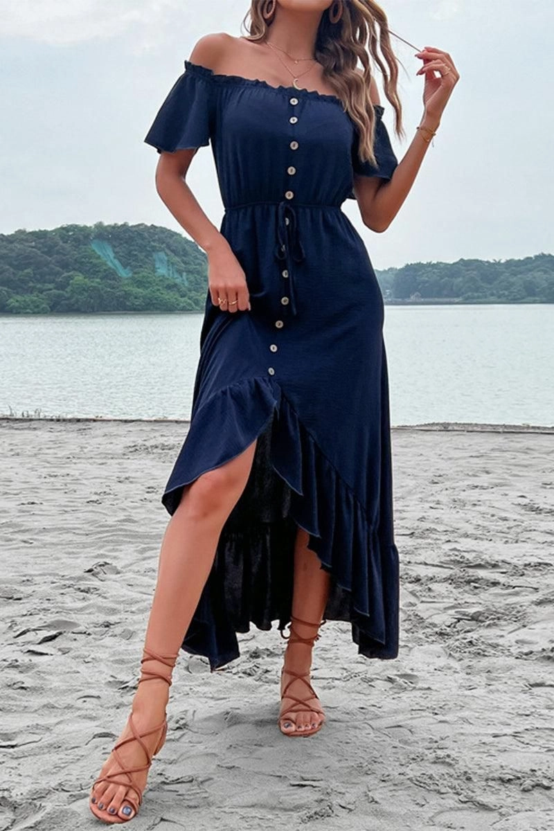 Chic Style Wear Bold Style OFF SHOULDER BUTTONED DRESS