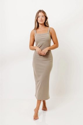 Olivia Square Neck Midi Tank Dress in Light Olive - Bump Friendly Layered-Sleeve