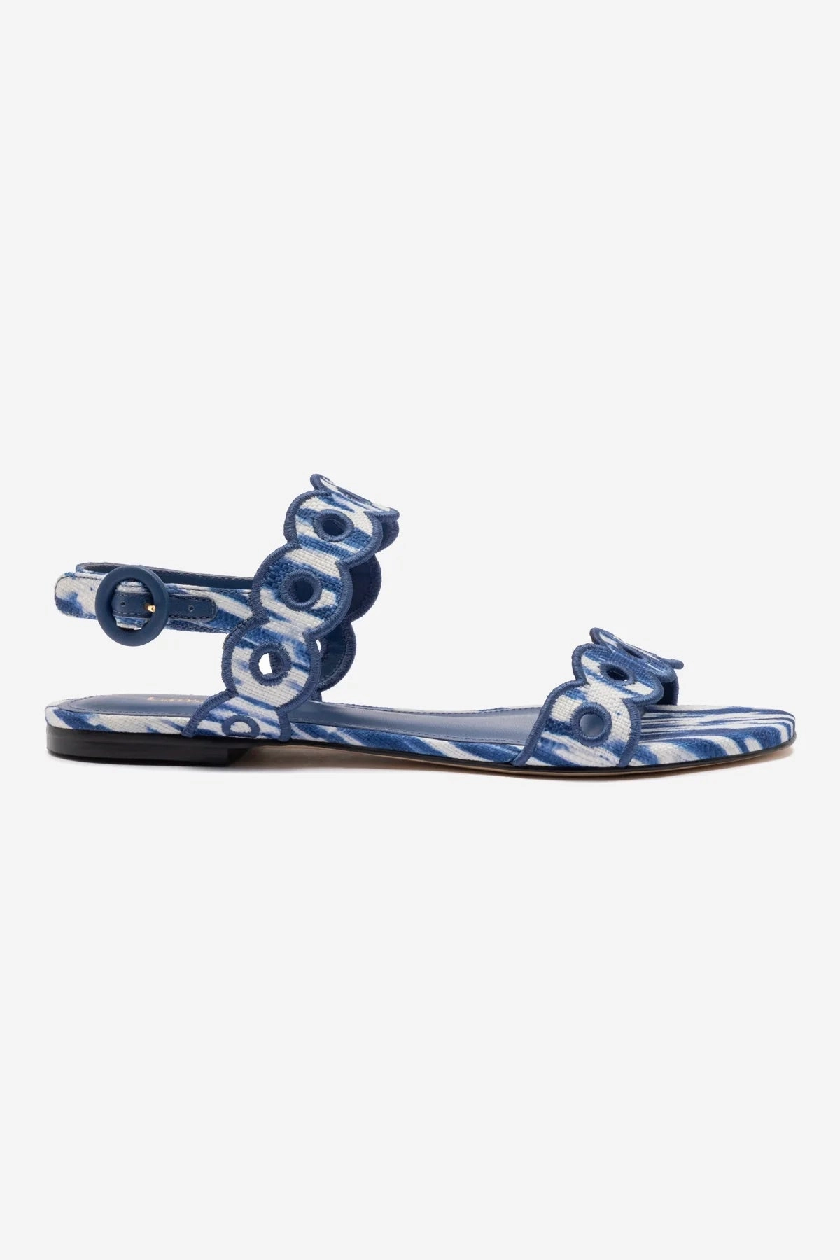 Florence Broderie Flat Sandal In Tie Dye Blue Raffia Pointed Toe Design Classic Footwear