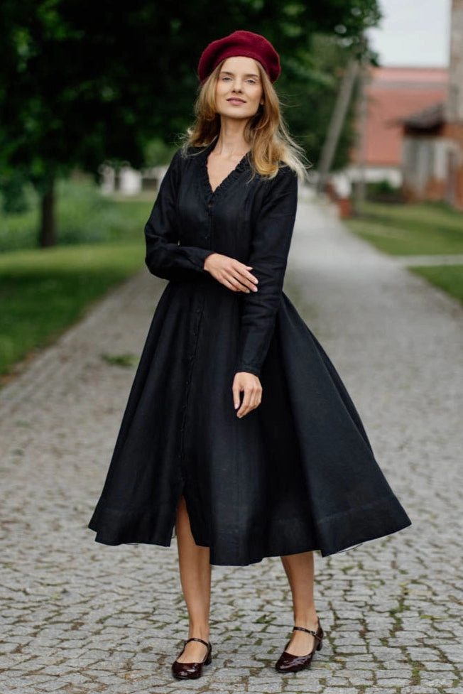 Ophelia ?C Ruffled V-Neck Linen Midi Dress Smart Casual