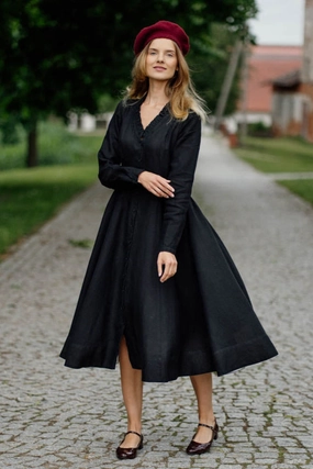 Ophelia ?C Ruffled V-Neck Linen Midi Dress Everyday Layers Elegant Cut