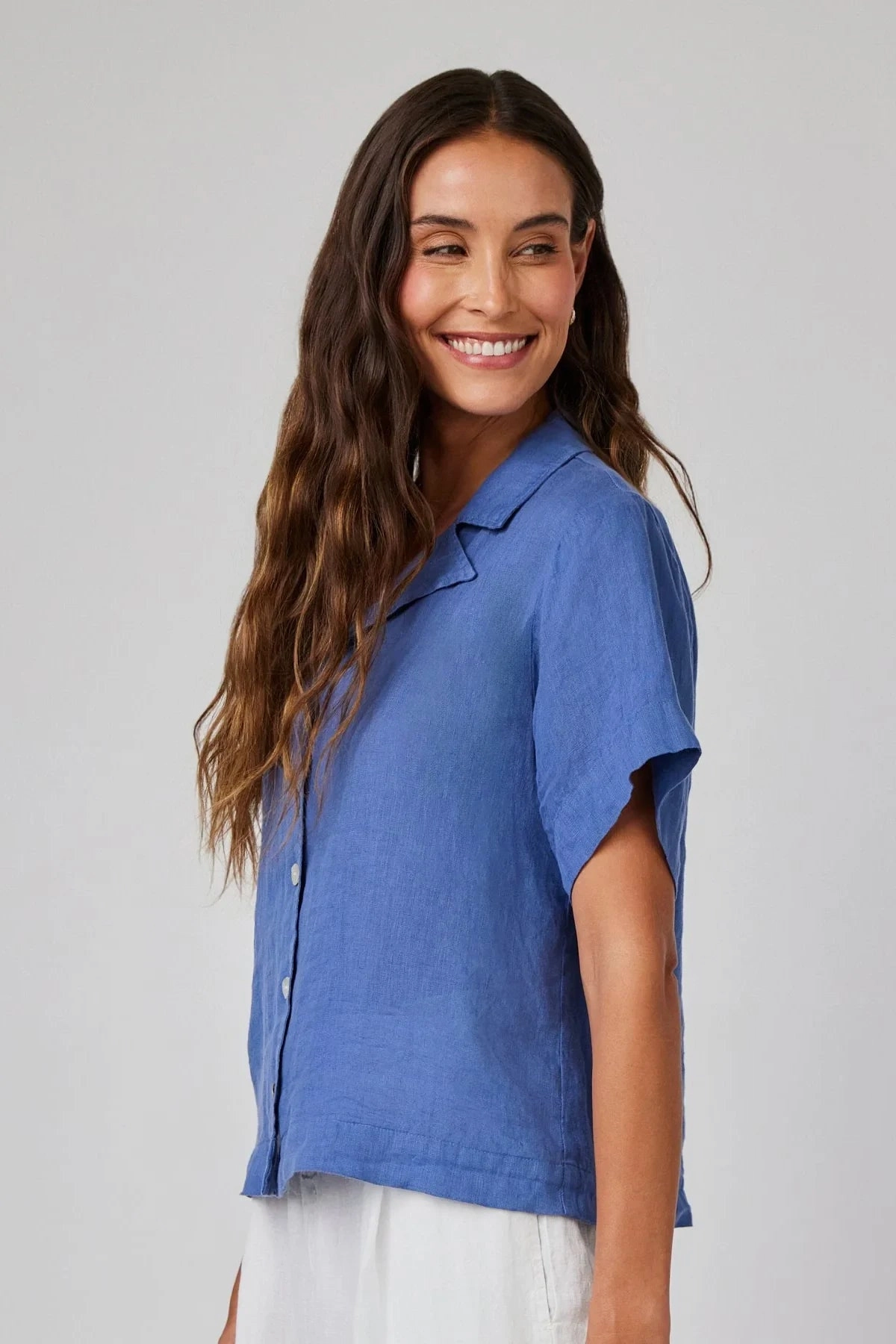 Linen Short Sleeve Flowy Button Down WaterResistant