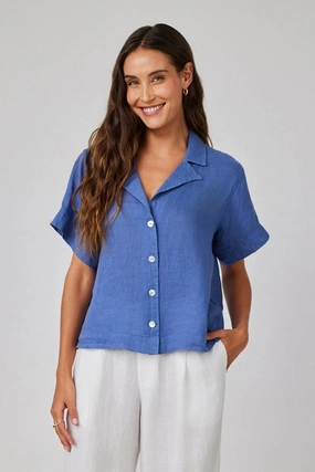 Contrast Stitch Detailing Linen Short Sleeve Flowy Button Down