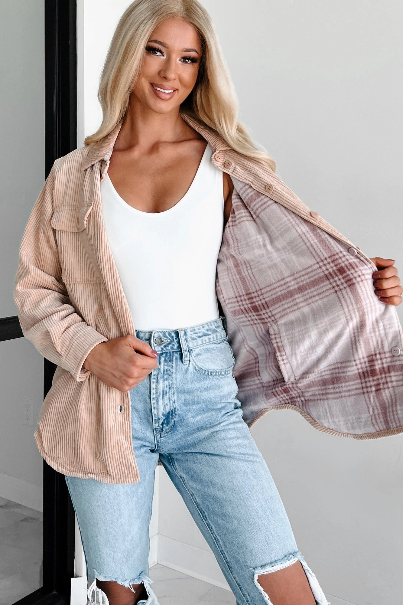 Flat Lock Stitching When The Leaves Turn Reversible Corduroy Jacket (Camel)