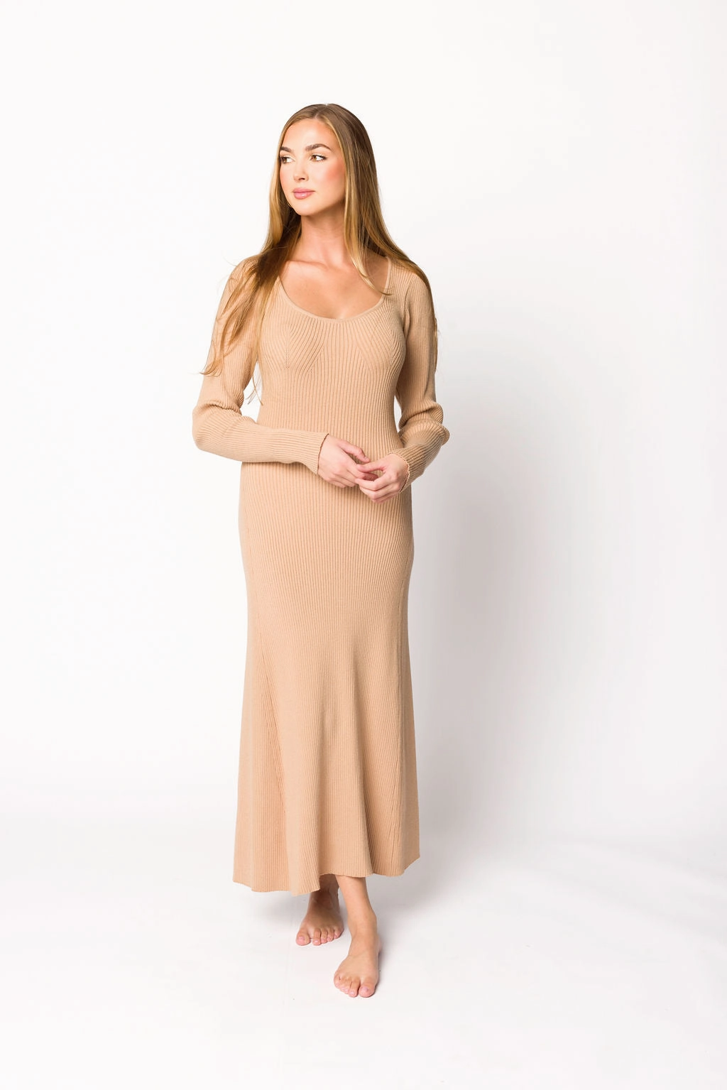 Quick Elegance Alison Knit Sweater Maxi Dress in Almond
