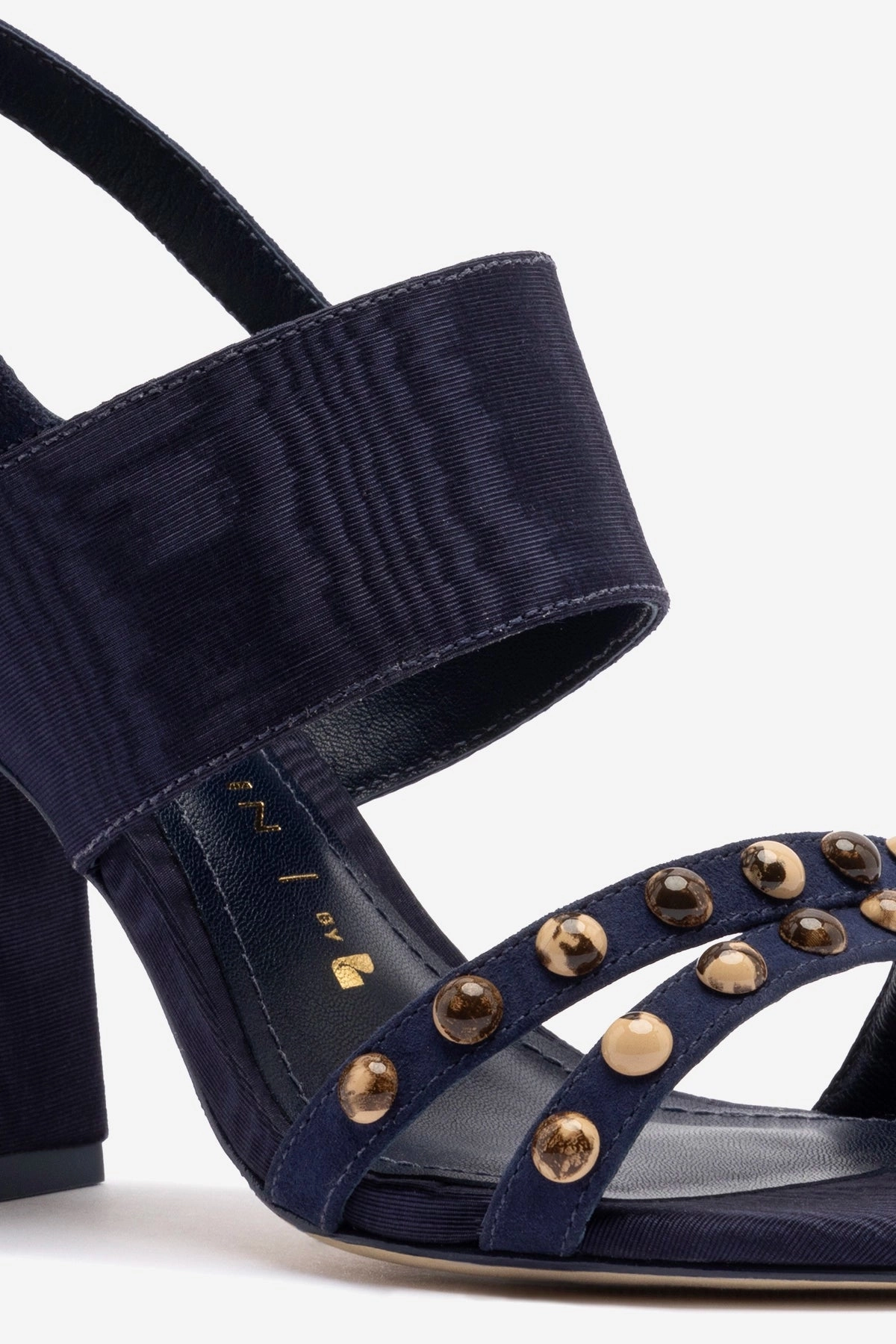 Elegant Shoes Stylish Go Chloe Gosselin by Larroud Margot Sandal In Deep Navy Suede and Navy Satin
