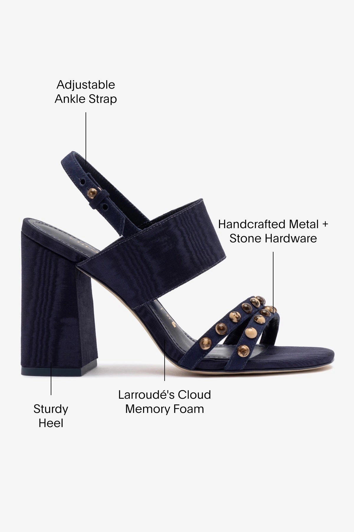 Low Profile Footbed Design Bare Support Chloe Gosselin by Larroud Margot Sandal In Deep Navy Suede and Navy Satin
