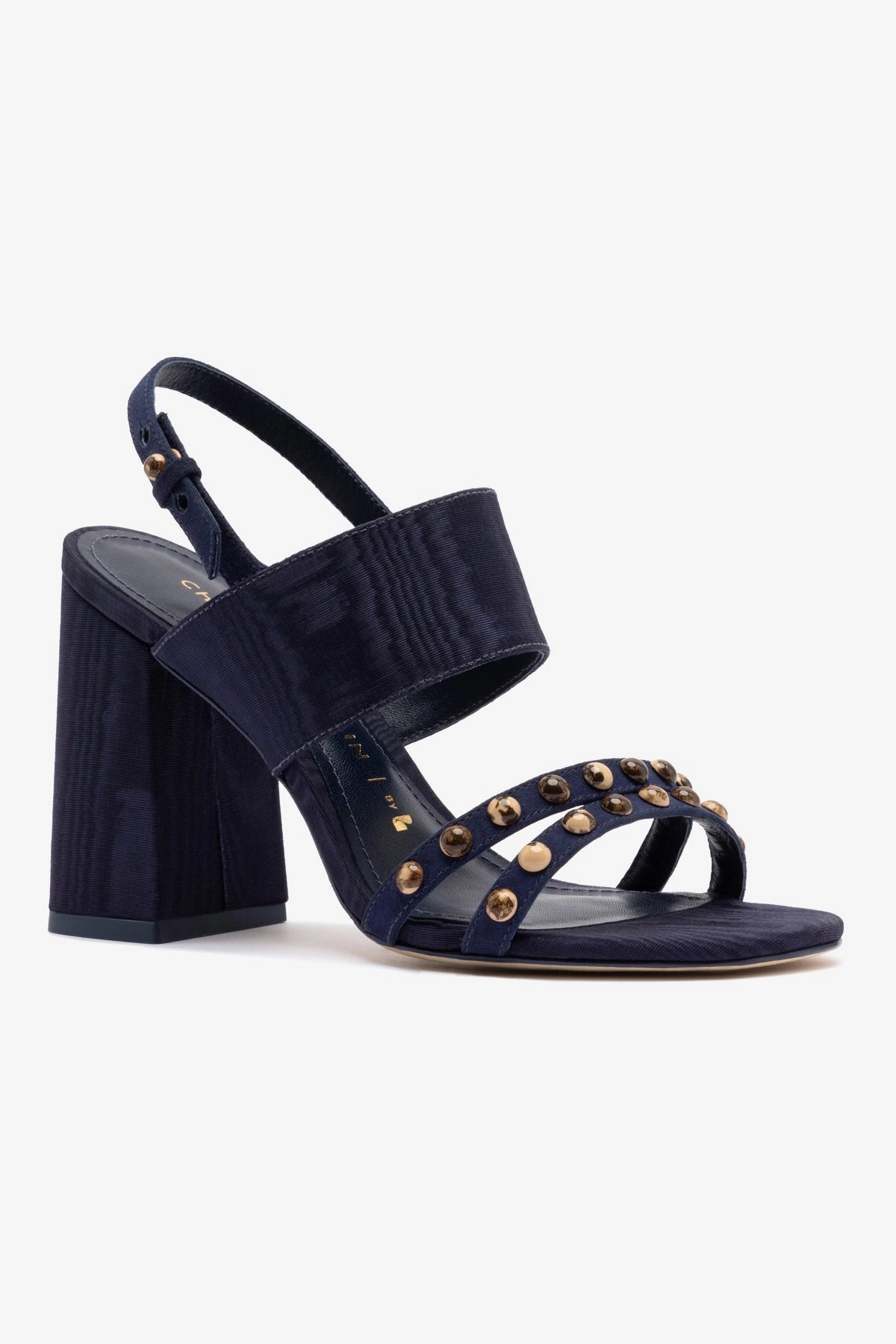 Chloe Gosselin by Larroud Margot Sandal In Deep Navy Suede and Navy Satin Wrap Around Strap Slip Ease