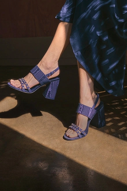 Chloe Gosselin by Larroud Margot Sandal In Deep Navy Suede and Navy Satin Retro Vibe