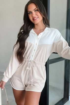 Ozzie Button-Front Long Sleeve Romper (White/Seashell) Lightweight Trendy