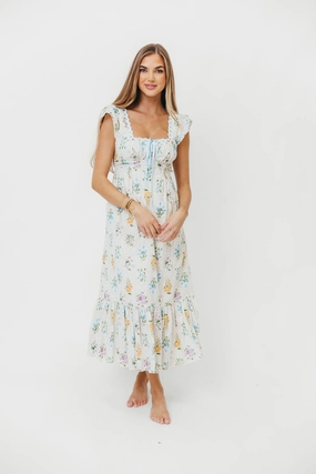Chala Maxi Dress in Cream Floral High Hemline Calm Aesthetic