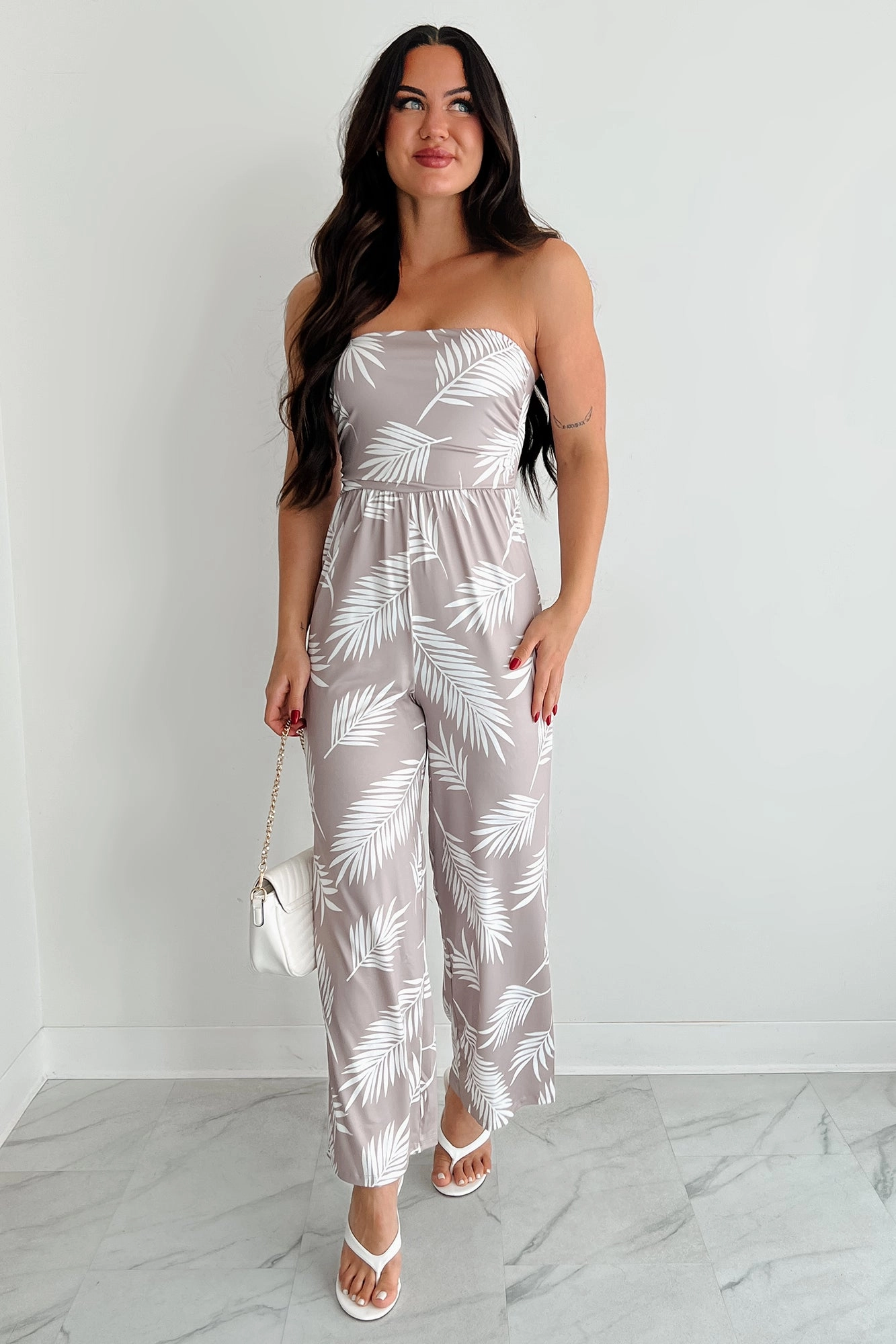 Date Comfy Palm Plans Strapless Leaf Print Jumpsuit (Taupe)