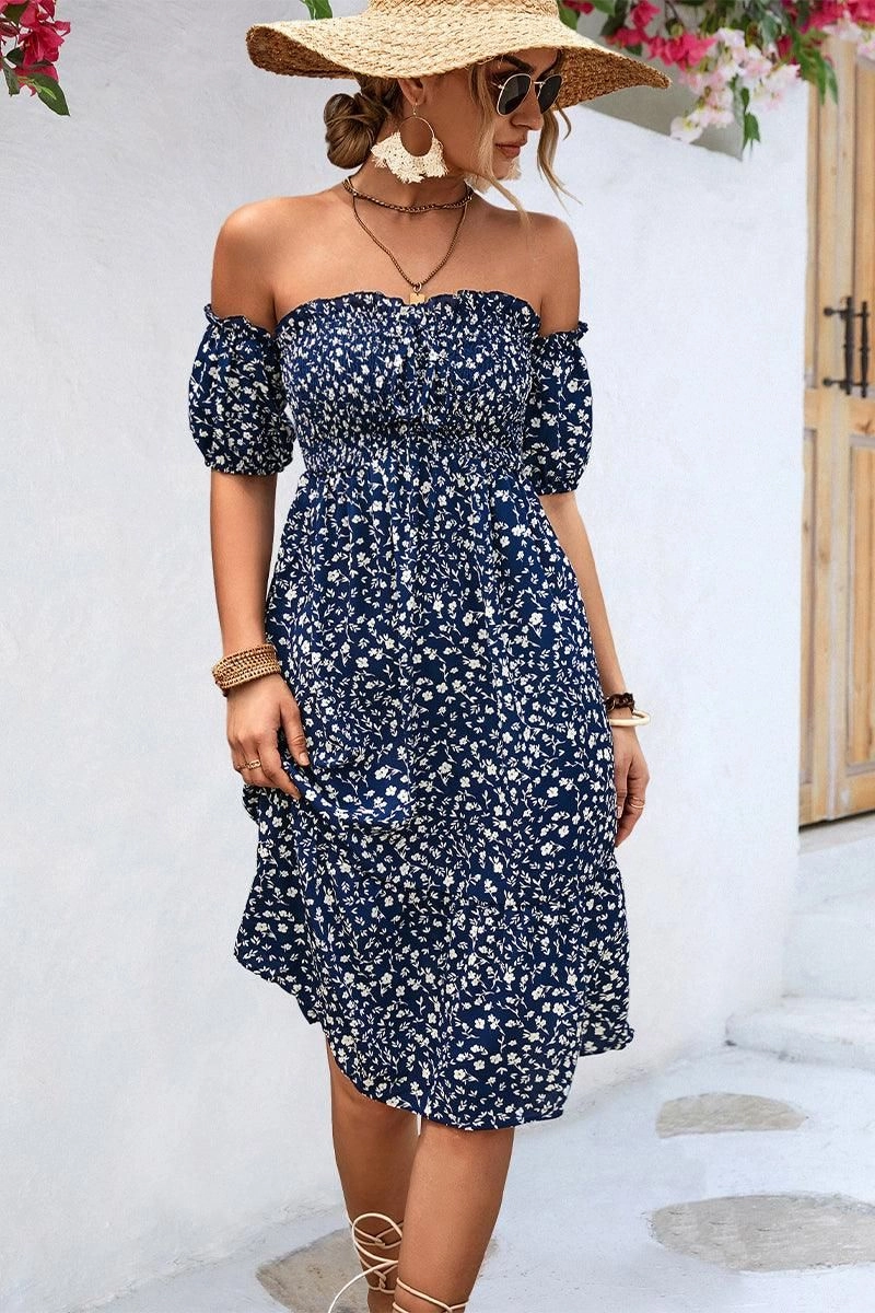 PATTERNED OFF SHOULDER PUFF SLEEVE DRESS Autumn Mood
