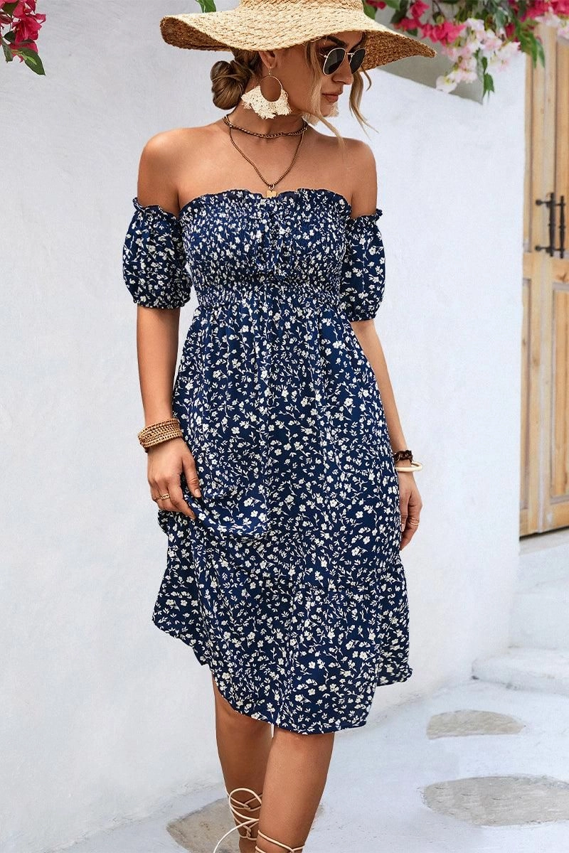 Soft Detail PATTERNED OFF SHOULDER PUFF SLEEVE DRESS