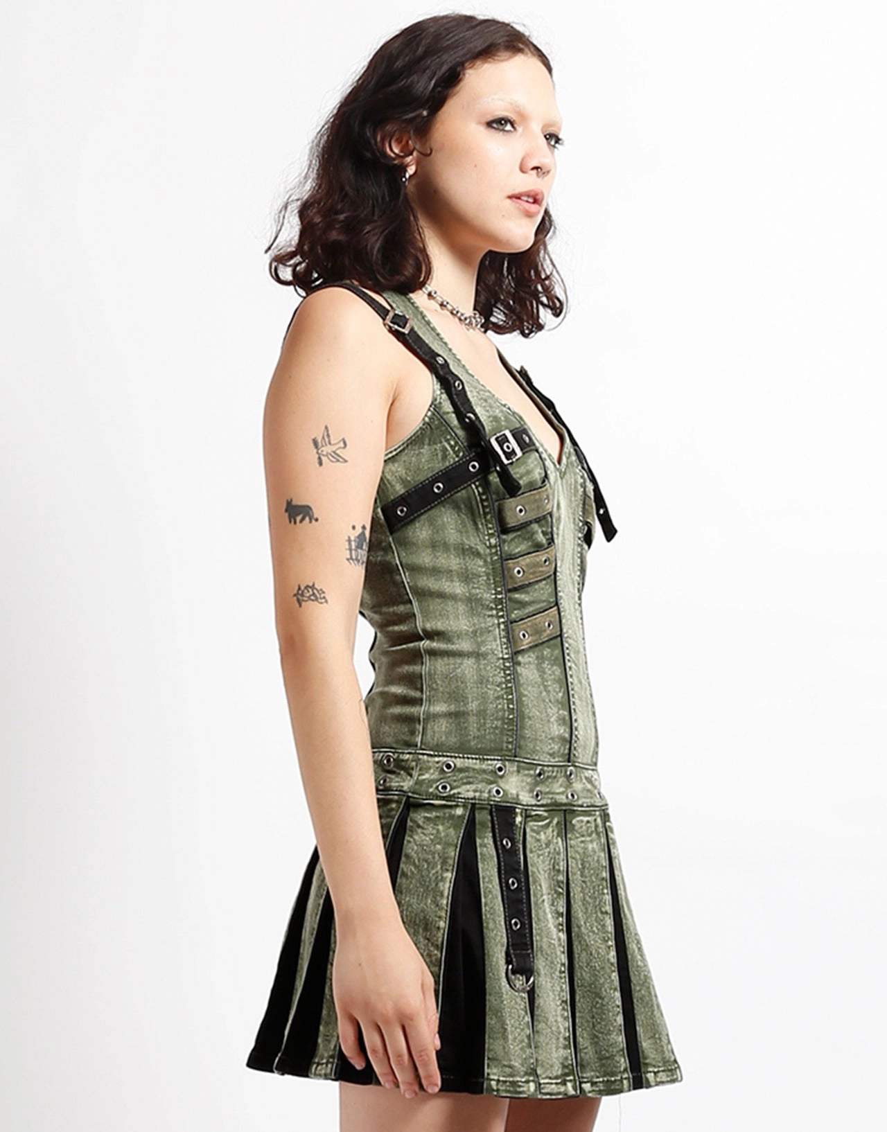 PEACE PLEATED DRESS ARMY Soft Cotton Blend