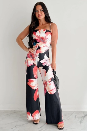 Resort Vacation Shopping Retro Peony Promise Sleeveless Floral Jumpsuit (Black/Multi)