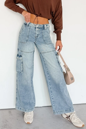 Party Look Modern Minimalist Day Ready Lucy Cargo Mica Denim Wide Leg Cargo Jeans (Medium)