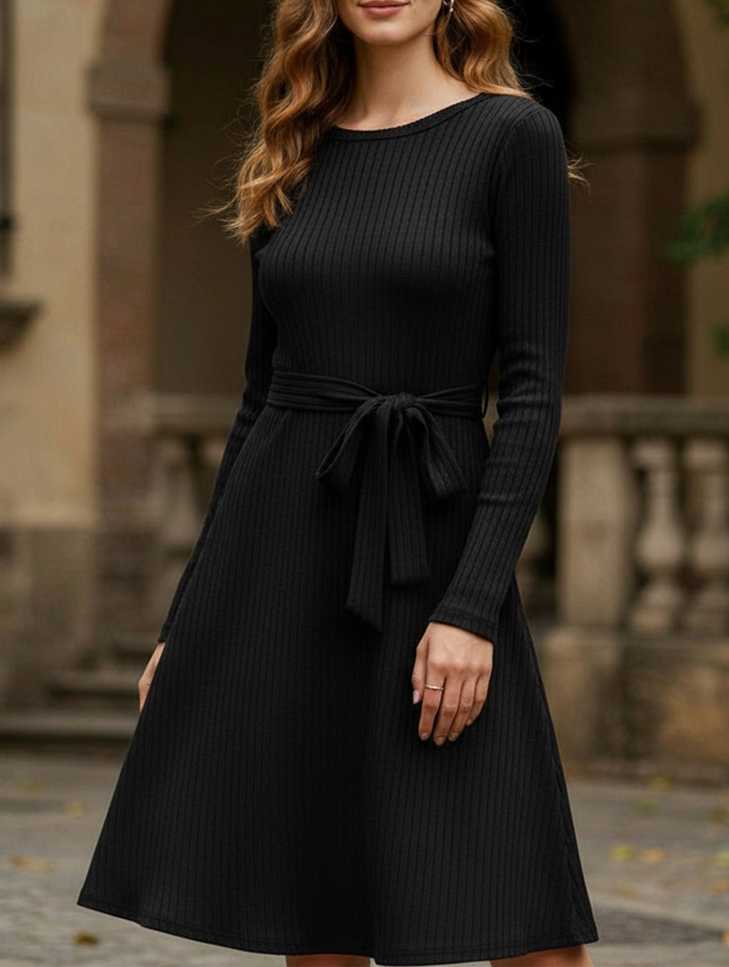 Effortless Layer Wear Knitted belt long-sleeved dress