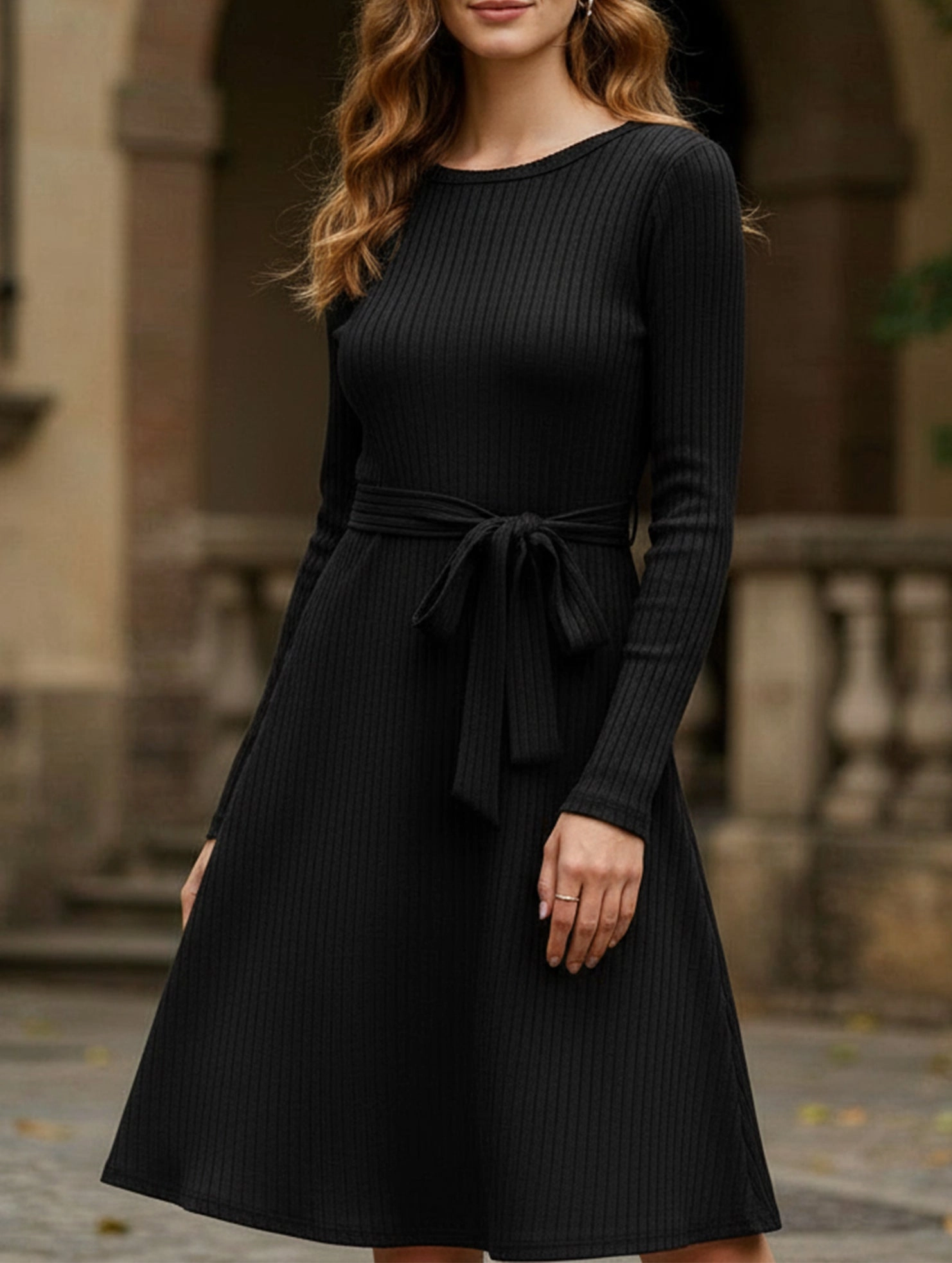 Knitted belt long-sleeved dress Quick Glam Minimal Details