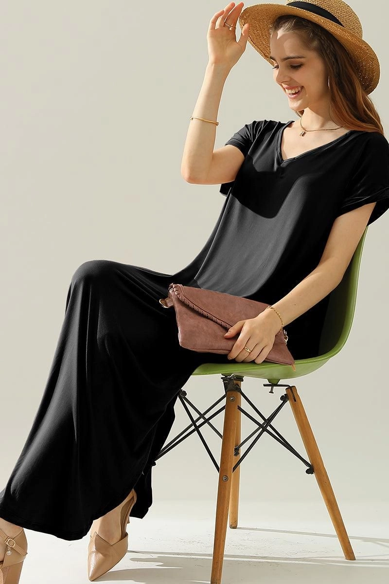 SHORT SLEEVE V-NECK MAXI DRESS WITH SIDE SLIT Sleek Silhouette