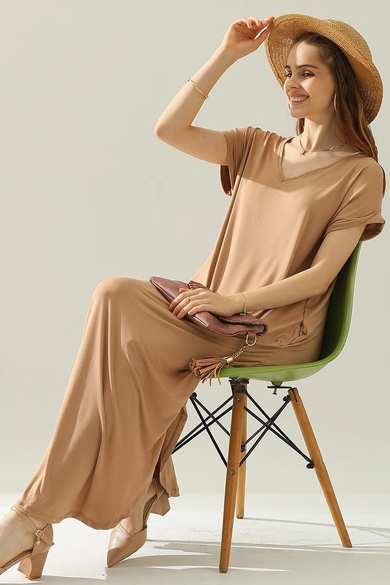 Pure Piece Grab Now SHORT SLEEVE V-NECK MAXI DRESS WITH SIDE SLIT