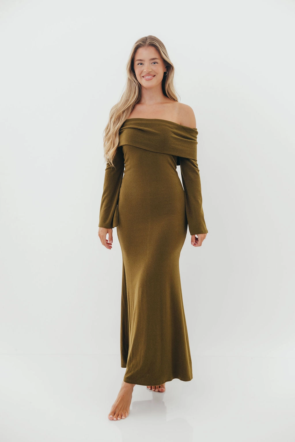 Light Wrap Non-Iron Monroe Maxi Dress with Long Sleeves in Olive Green- Bump Friendly